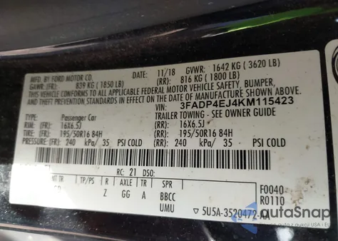 2019 Ford Fiesta Se из США, поврежденный, VIN 3FADP4EJ4KM115423